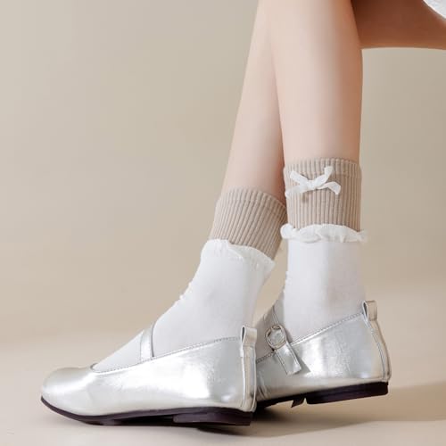 Image of Yomutiur Crew Socks for Women, Double Ribbed Sock Cuff with Cute Bow Sweet Cotton Rolled Socks Odor-resistant