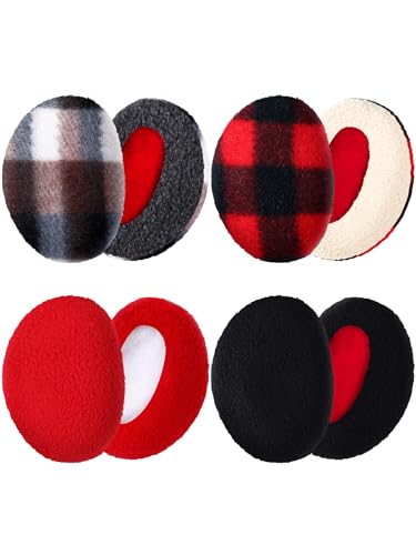 Geyoga 4 Pairs Bandless Ear Muffs Fleece Thick Winter Ear Covers Warmer Cold Weather for Women(Black Red Plaid Medium)
