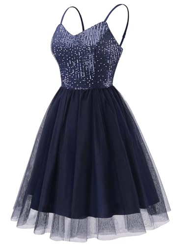 Image of Dressystar 2026 Women's Tiered Sparkly Sequin Glitter Formal Prom Dress Mini Spaghetti Strap Tulle Cocktail Party Dresses