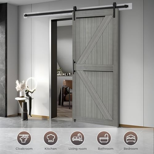 Image of S&Z TOPHAND 34in x 84in MDF Elephant Gray Barn Door with 6.6FT Sliding Hardware Kit, Solid Barn Door Slab Covered with Water-Proof PVC Surface /Simple Assembly is Required