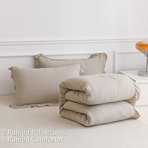 Aikasy Khaki Ruffle Comforter Queen, 3 Pieces Vintage Ruffle Fringe Comforter, Farmhouse Rustic Microfiber Down Alternative Bedding Comforter Set (1 Comforter + 2 Pillow Shams) #TOP6