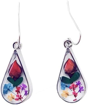 Red Pressed Rose Flower Drop Earrings,Creative Vintage Rose Real Flower Dried Flower Drop Shape Compression Earrings,Natural Rose Teardrop Earrings,Fashion Accessories For Women