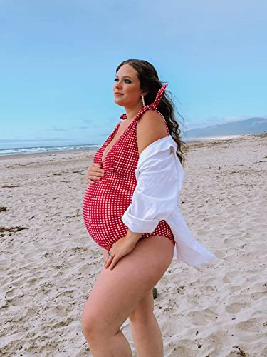 Ginkana Maternity Swimsuit One Piece Bathing Suit Pregnancy Swimwear Tie Shoulder V Neck Pregnancy Swimsuits,Red White Plaid,L #TOP2