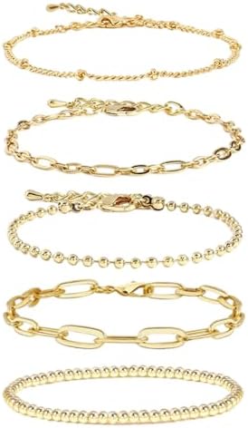 CYWQ 14K Gold Chain Bracelet Sets for Women Girls Dainty Gold Paperclip Link Bead Bracelet Layered Metal Link Bracelet Fashion Jewelry