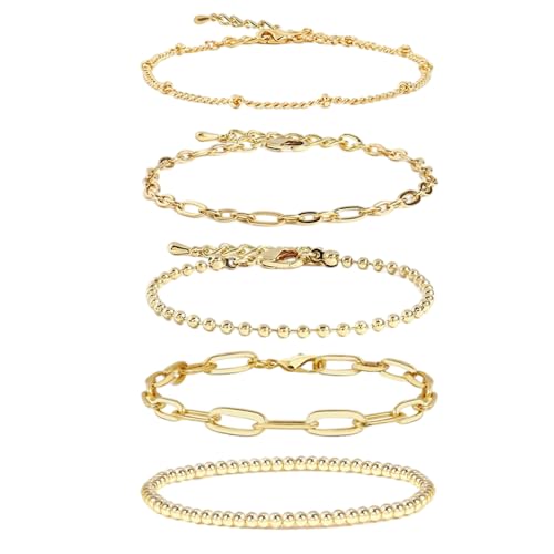 CYWQ 14K Gold Chain Bracelet Sets for Women Girls Dainty Gold Paperclip Link Bead Bracelet Layered Metal Link Bracelet Fashion Jewelry, 不锈钢