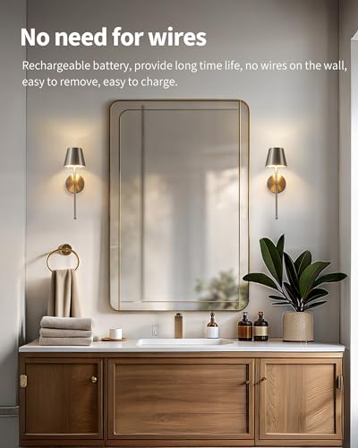 Image of KDG Cordless Wall Sconces Set of 2, Wireless 5200mAh Rechargeable Battery LED Wall Lamps, Wall Lightings for Wall Painting, Outdoor, Garden, Bedside, Hallway, Gifts, Night Light (Brushed Nickel)