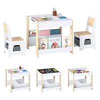 COSTWAY Kids Table and Chairs Set, Wooden Toddler Activity Tables with Reversible Tabletop, Bookshelves, Storage Bins, 3-Piece Children Furniture for Boys Girls (White+Natural, 61x61x56cm)