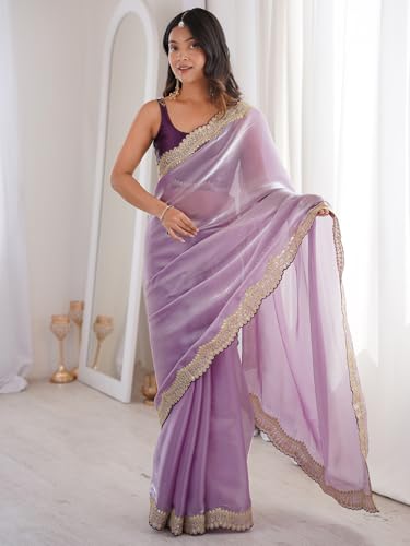 Image of AKHILAM Women's Shimmer Satin Sequence Embroidery Work Border Saree With Unstitched Blouse Piece