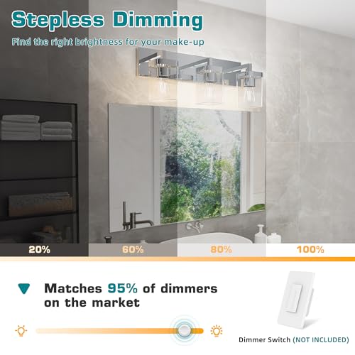 Image of Chrome Bathroom Vanity Light, Square Design 3 Lights Morden Vanity Lighting Fixtures Over Mirror, Bathroom Light Fixtures for Living Room /Bedroom