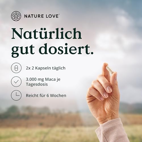NATURE LOVE® Bio Maca Rot - 180 Kapseln - 3000mg pro Tagesdosis (entspricht 12.000mg Maca Wurzel) - Mit natürlichem Vitamin C - Zertifiziert Bio, hochdosiert, vegan, in Deutschland produziert