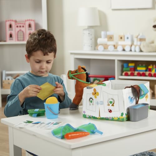 Image of Melissa & Doug Feed & Groom Horse Care Play Set and Plush Toy | 23 Piece Set, Plush Horse, Saddle, Grooming Accessories and Care Checklist, Pretend Play, Preschool Toys for Kids, Ages 3+