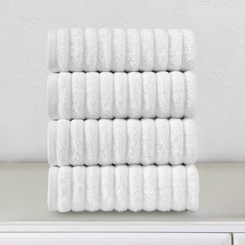 Image of Elegant Comfort Luxury 100% Turkish Cotton Corduroy Ribbed 4 Pack Hand Towel Set 16 x 28 Inch - Absorbent, Super Soft, Quick Dry, Premium Towels for Bathroom, Gym, Spa and Hotel Use, White