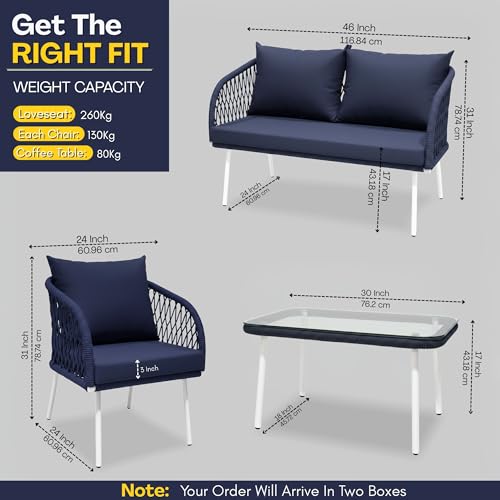 Image of DEVOKO Verde Outdoor 4-Seater Sofa Set with Glass Top Table & Water-Repellent Cushions, Durable Metal Frame, Handwoven Furniture Perfect for Garden, Patio, Pool Deck & Balcony(Navy Blue & Royal Blue)