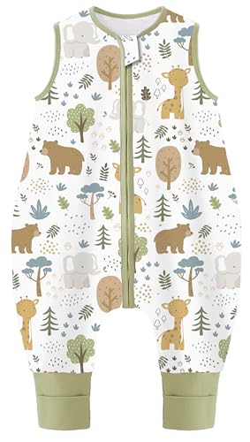 Image of Chilsuessy Toddler Sleep Sack with Feet 3-4 T, 1.0 TOG Cotton Baby Wearable Blanket with Legs, Sleep Bag Walker with 2-Way Zipper, Green Animals