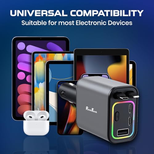 Image of PunnkFunnk 120W 5-in-1 Super Fast Car Charger | Multi-Port USB & Type-C Car Adapter with Display Screen, Telescopic Charging Cable, 4 Devices Simultaneous Charging - Compatible with iOS & Android