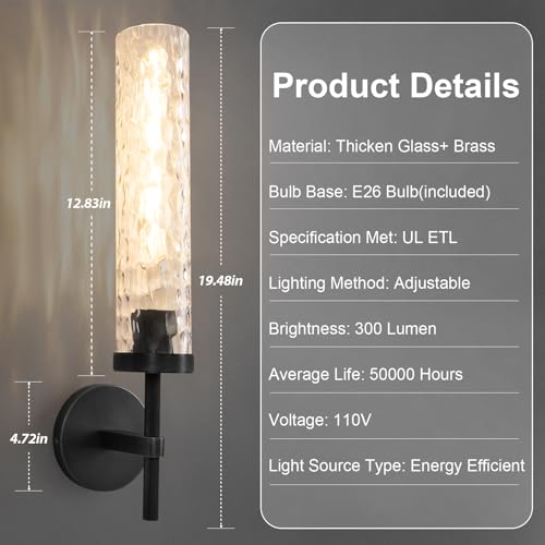 Image of Brass Knurled Bathroom Sconces Set of 2, 19.5 Inch Black Vanity Light Fixtures with Water Ripple Glass Tube Modern Wall Lamp for Bathroom Mirror Bedroom Living Room Hallway