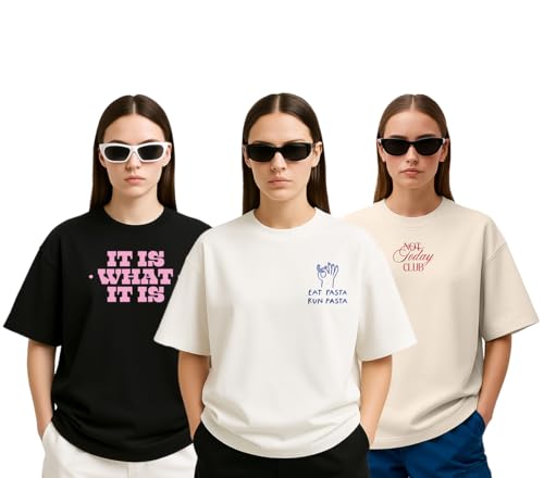 Image of Cotton Blend Oversized Baggy Fit Drop Shoulder Graphic Printed Half Sleeve T-Shirt Combo for Women (Pack of 3) (Sizes: S to 2XL)