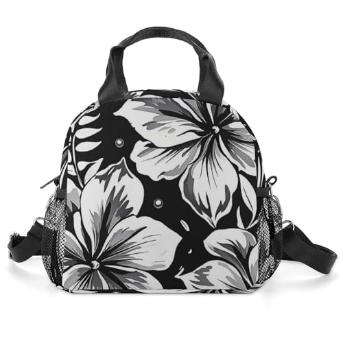 AWUCDIMFWX Insulated Lunch Bag for Men Women Reusable Lunchbox Black And White Hawaiian Flowers Lunch Box Leakproof Cooler Bags for Work Picnic