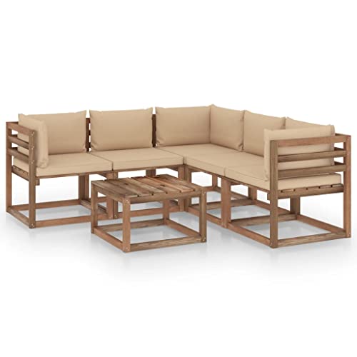 vidaXL Salon de Jardin 6 pcs avec Coussins Mobilier de Patio Meubles de Terrasse Mobilier de Jardin Meubles d'Extérieur Beige Bois de Pin Imprégné