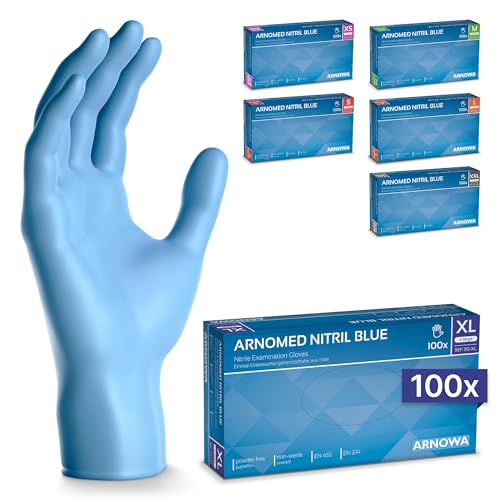 100x ARNOMED® Guantes nitrilo talla XL Azul, Guantes desechables quirurgicos y laboratorio, Luvas nitrilo descartaveis sin polvo y látex, Manoplas nitrilo en XS, S, M, L, XL, XXL