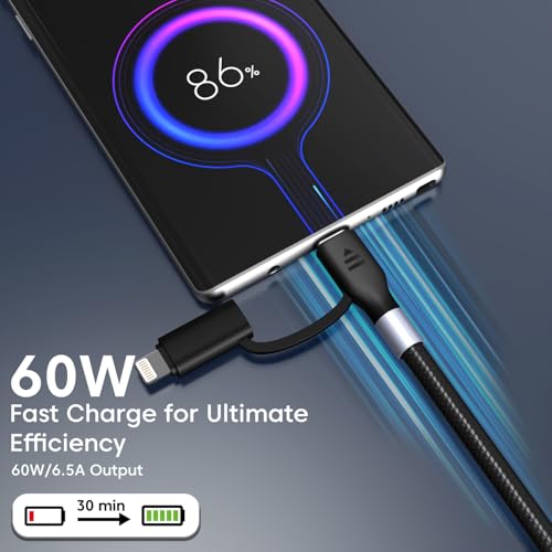 Image of Sounce 4-in-1 Fast Charging Cable USB-A to Type-C & Lightning, 60W /3A PD Power Delivery, 480Mbps Data Transfer, Swappable Charging Heads, Universal Multi-Device Compatibility Black (1.5m)