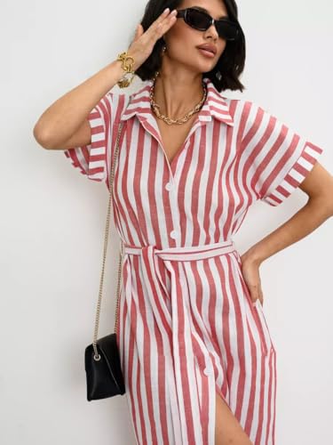Image of chouyatou Women's Summer Short Sleeve Striped Shirt Dress Beach Maxi Long Belted Casual Button Down Dress