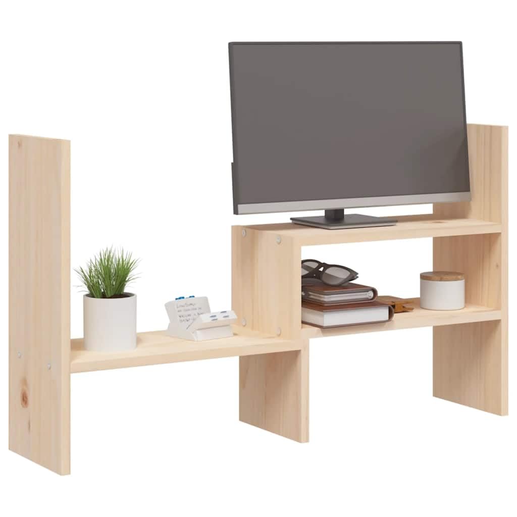Supporto per monitor in legno di pino massiccio, 39-72 x 17 x 43 cm, regolabile in altezza, con ripiano e cassetto, supporto ergonomico per PC, per ufficio, casa, gaming e laptop