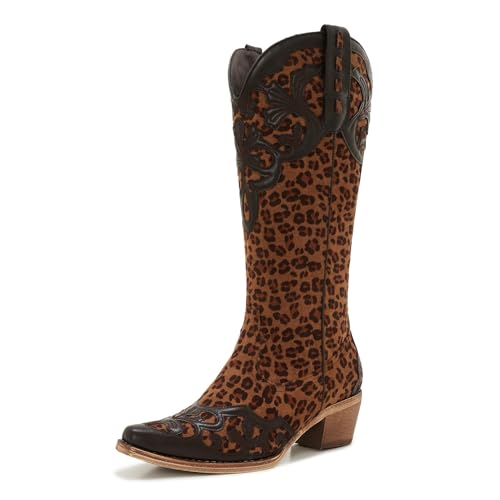 ZXHYZLZ Women's Knee High Leopard Print Cowboy Boots – Western Cowgirl Boots with Mid Heel Pull-On Style