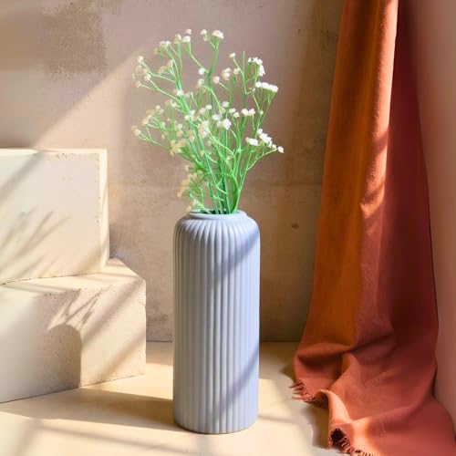 Image of KREATIVE ART'S Modern Ribbed Design Ceramic Flower Vase for Living Room, Flower Pots for Artificial Flower, Home Decoration Item, Home Decor, Vases for Living Room (Grey, Large)