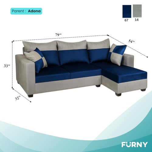 Image of FURNY Arissa 4 Seater Fabric RHS L Shape Sofa Set with Exta Cushions (Light Grey-Dark Blue) Premium Velvet Finish| Durable Comfort Ideal for Living Room