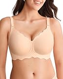 SHARICCA Glatter BH Damen Ohne Bügel Tiefem V-Ausschnitt Push Up BHS Bralette Soft Bequem BH Bügellos Bustier(Beige-1P01-M)