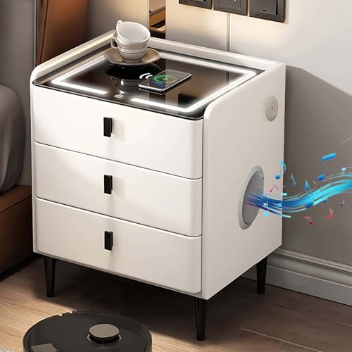 GXSDYYDS Mesita de Noche con Altavoz Bluetooth,Mesa Auxiliar con 3 Cajones,Luces LED, Mesillas de Noche Inteligente para Dormitorio, Salón, con 1 Type-C, 2 Puertos USB, Cajonera, Moderno