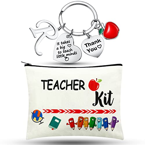 MTLEE 2 Pcs Teacher Appreciation Gift Sets 2025 Graduation Present Makeup Pouch Cosmetic Bag Thank You Keychain with Initial(R Shape)