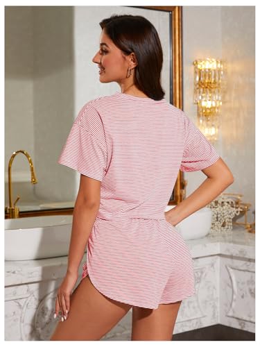 Image of OYOANGLE Womens Pajama Sets 2 Piece Sexy Lounge Sets Summer Cute Pjs Striped Print Tee and Side Split Shorts Set