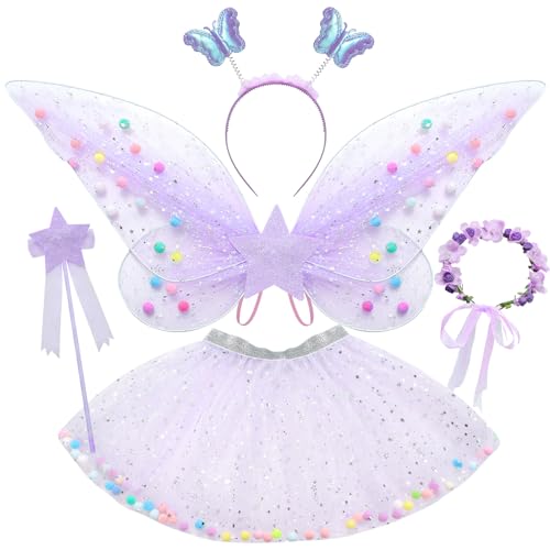 Tacobear Feenkostüm Mädchen Kinder Schmetterlingflügel Fee Kostüm Set Mädchen Tutu Wings Feenkleid Zauberstab Haarreif Halloween Party Prinzessin Feen Flügel Kostüm Kinder 3 4 5 6 7 8 Jahre