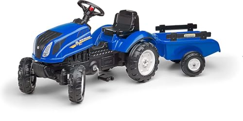 FALK - Tracteur à pédales New Holland avec remorque - Dès 2 ans - Fabriqué en France - Capot ouvrant - volant directionnel avec klaxon - 3080AB, Bleu