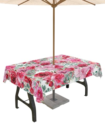 Valentine's Flower Outdoor Tablecloths with Umbrella Hole and Zipper, Waterproof/Stain Resistant Rectangle Table Cloth 52x70 Patio Table Cover for Picnic/Party Romantic Rose Floral Eucalyptus Leaves