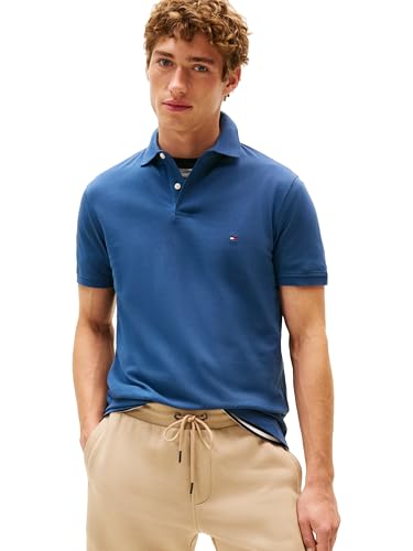 Tommy Hilfiger Men's Short Sleeve Polo Shirts in Regular Fit with Stretch and Organic Pique Cotton, Aegean Sea, XL