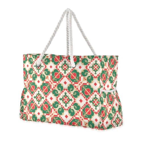 Boho Red Green Pattern Large Capacity Tote Shoulder Bag with side pocketes Duffel Bag Women for beach&school&work