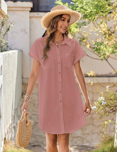Image of Zeagoo Summer Dresses for Women 2026 Cotton Button Down Short Sleeve Tshirt Dresses Casual Mini Beach Dress