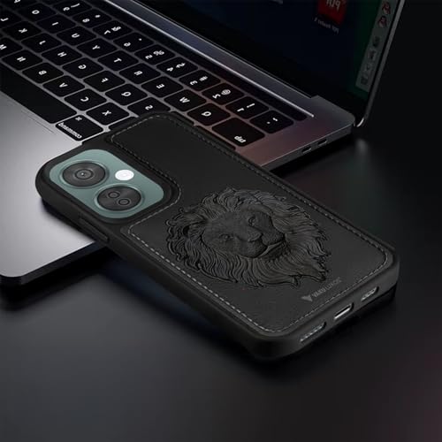 Image of Vaku Luxos Lion Embossed Back Cover Case for OnePlus Nord CE 3 Lite Premium Leather Stitched Soft Shockproof Protective TPU Phone Case Camera Screen Protector- Black