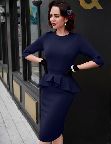 MUXXN Women's 1950s Vintage 3/4 Sleeves Ruffles Bodycon Flattering Casual Formal Pencil Dress4