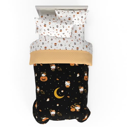 Image of Sanrio Hello Kitty Halloween Pumpkin Twin Bed Set - Super Soft & Cozy 4 Piece Reversible Comforter and Sheet Set (Officially Licensed Product) by Franco
