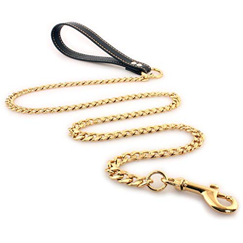 Petoo 4.5ft Dog Chain Metal Dog Leash,with Soft Leather Handle,Gold Dog Leash,Width11mm,18K Gold