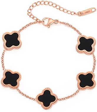 POLYREAL 18K Gold Plated Lucky Clover Bracelet for Women Girls Simple Cute Titanium Adjustable Bracelet Link Jewelry Gifts for Holiday (Rose Gold-Black)