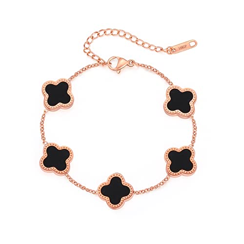 Polyreal 18K Gold Plated Lucky Clover Bracelet For Women Girls Simple Cute Titanium Adjustable Bracelet Link Jewelry Gifts For Holiday (Rose Gold-Black) #TOP3