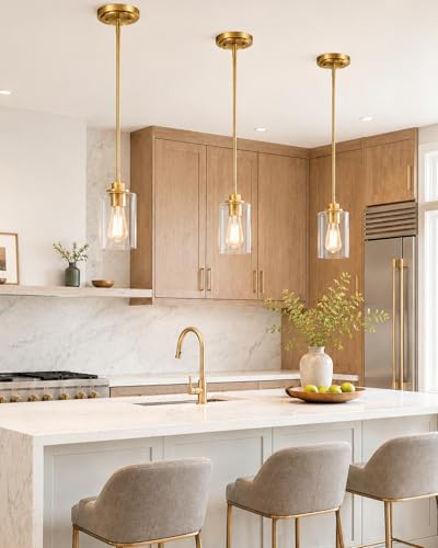 Image of Brass Pendant Lights Kitchen Island 2 Pack, Farmhouse Gold Pendant Lighting with Clear Glass Shade, Mini Hanging Light Fixture for Kitchen Sink Dining, AD-22281-1P2-GD-C