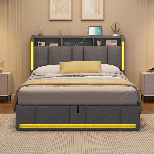 AOGLLATI Canape 140x200 con Almacenamiento Hidráulico, Camas Matrimoniales con Estación de Carga y Iluminación LED, Estructura Cama con Cabecero Tapizado, Gris Oscuro (Sin Colchón)