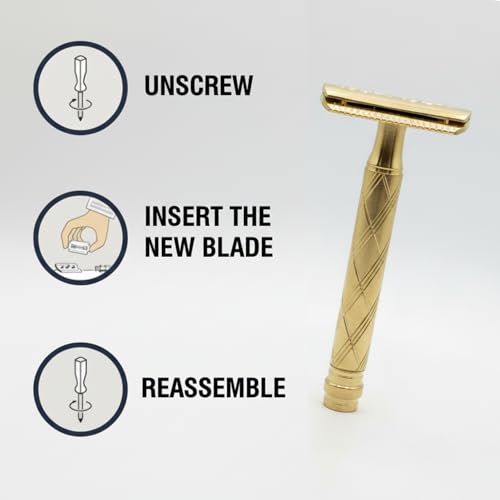 Image of BOSS Premium Safety Razor with 10 Double-Edge Blades for Men - Golden Brass Finish, Men's Shaving kit