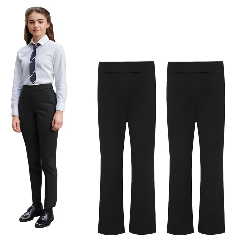L S UPack of 2 Girls Stretchable Jersey Pull-Up School Trousers with Full Elasticated Waistband Two Side Pockets Age 2 to 17